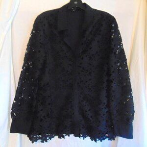 Black Floral Lace Sheer Front Button-Up Blouse L Dark Gothic Romantic Feminine